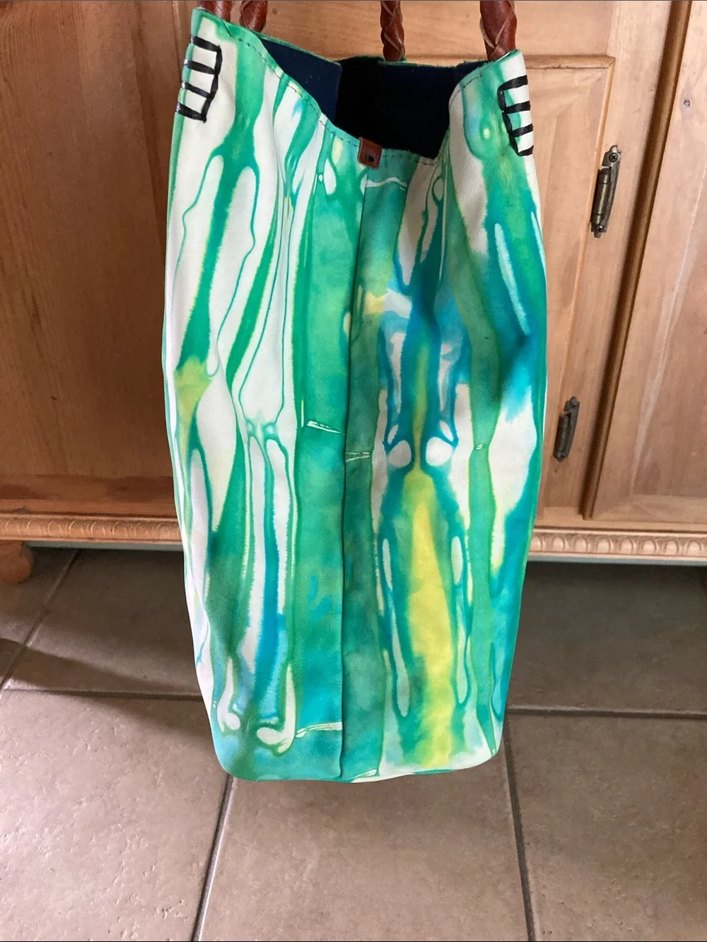 Green & Teal Watercolor Tote Bag with Braided Brown Handles